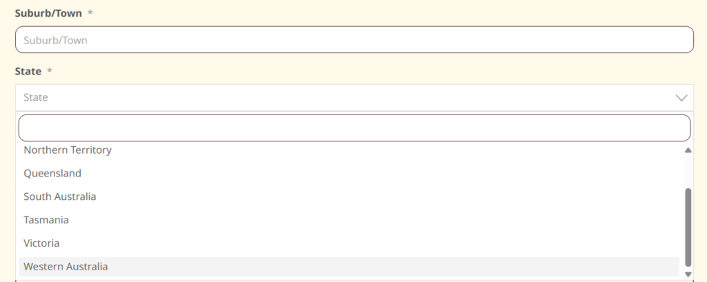 Registration form pick state