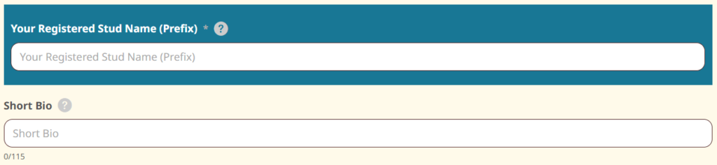 Registration form stud name and bio